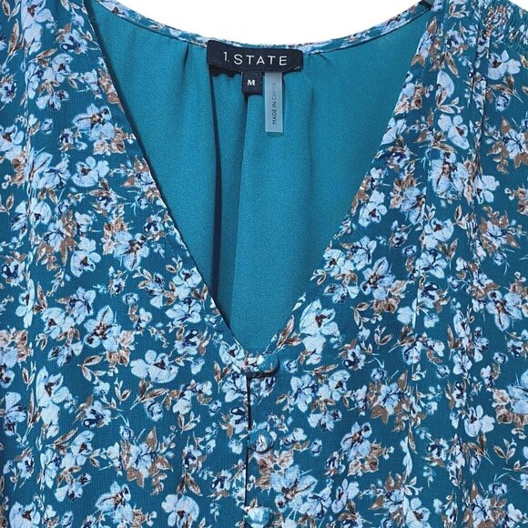 1.STATE Ruffle Dress Medium Long Sleeve Midi Green Floral Cottagecore Hi Lo - Picture 7 of 10